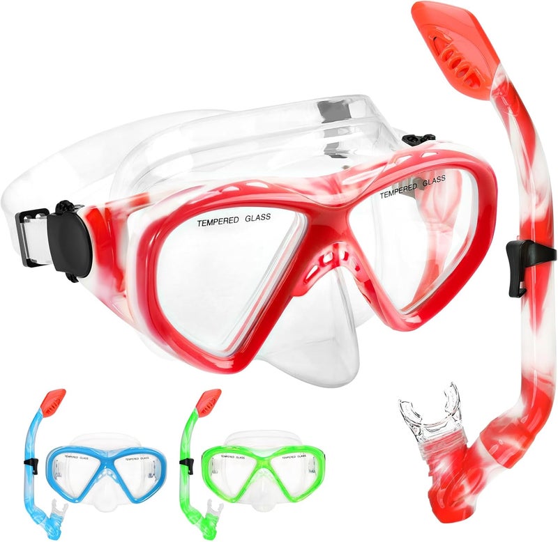 ACQCES Kids Snorkel Set Dry Top Snorkeling Gear for Kids Youth Boys Girls Junior Age 5-15,Tempered Glass Swimming Diving Mask and Snorkel Set 180 Degree Panoramic View - Image 1